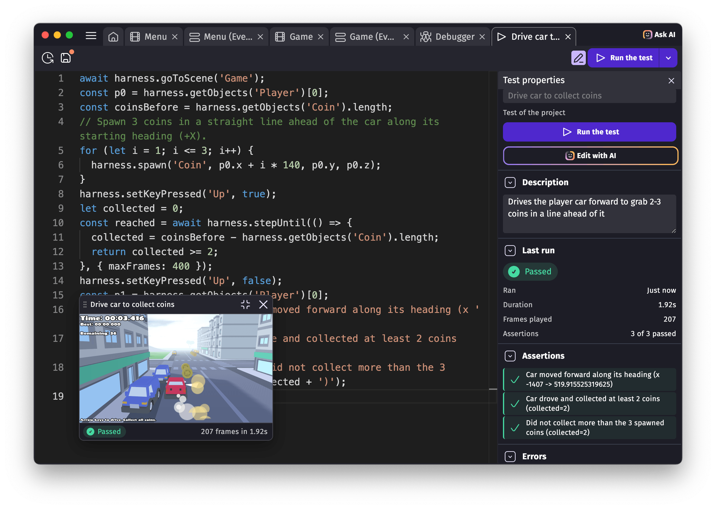 A gameplay test code being run, with a preview of the game