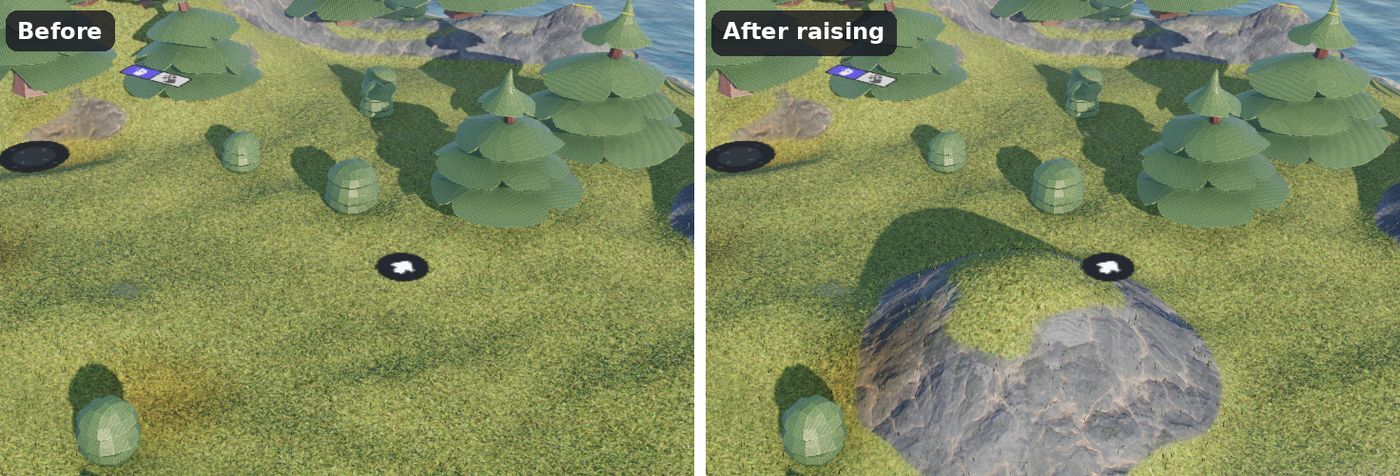 A hill raised with the "Raise" brush: its steep sides automatically show the rock layer
