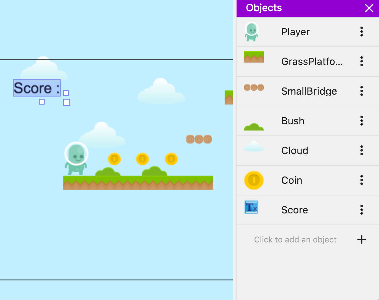 Add coins and display the number of collected coins - GDevelop documentation